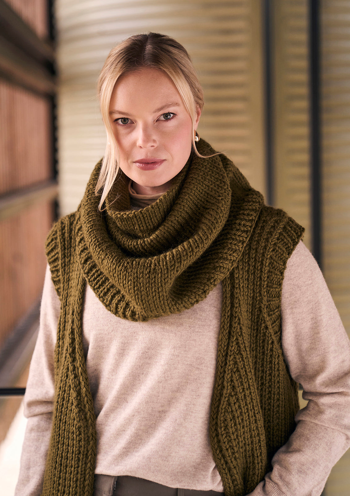 A Mode at Rowan Chunky Wool Pattern - Southwold Sleeveless Long Coat + Salle Snood (PDF)