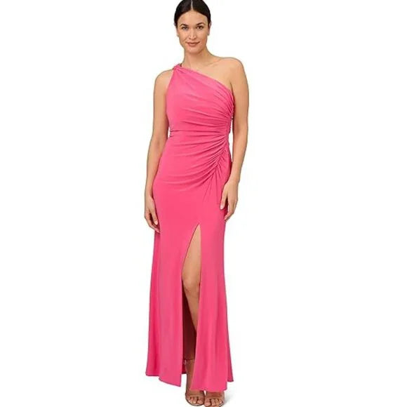 adrianna papell jersey long dress Draped Stretch Jersey Cross Back Plunge Gown In Red, Red / Regular / 0