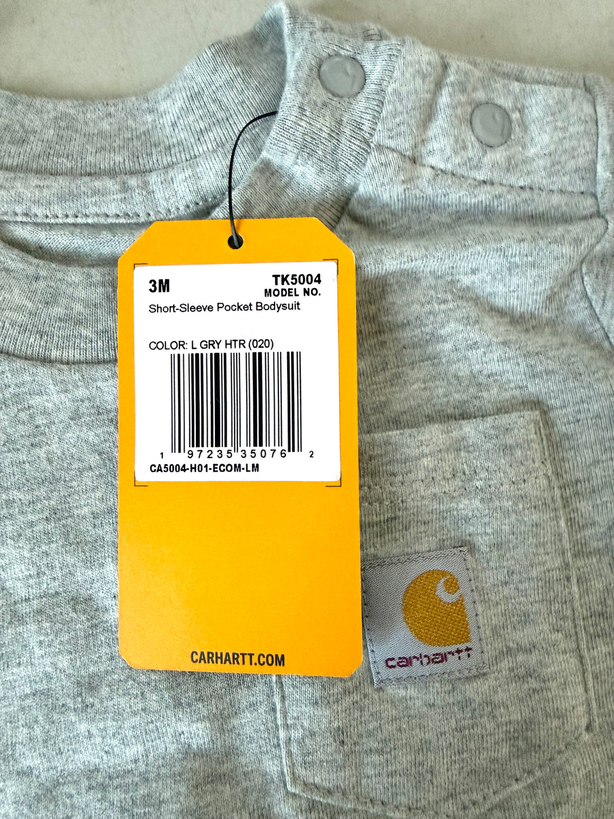 New, Carhartt unisex-baby Short-Sleeve Bodysuit with Logo Pocket, 3 Months