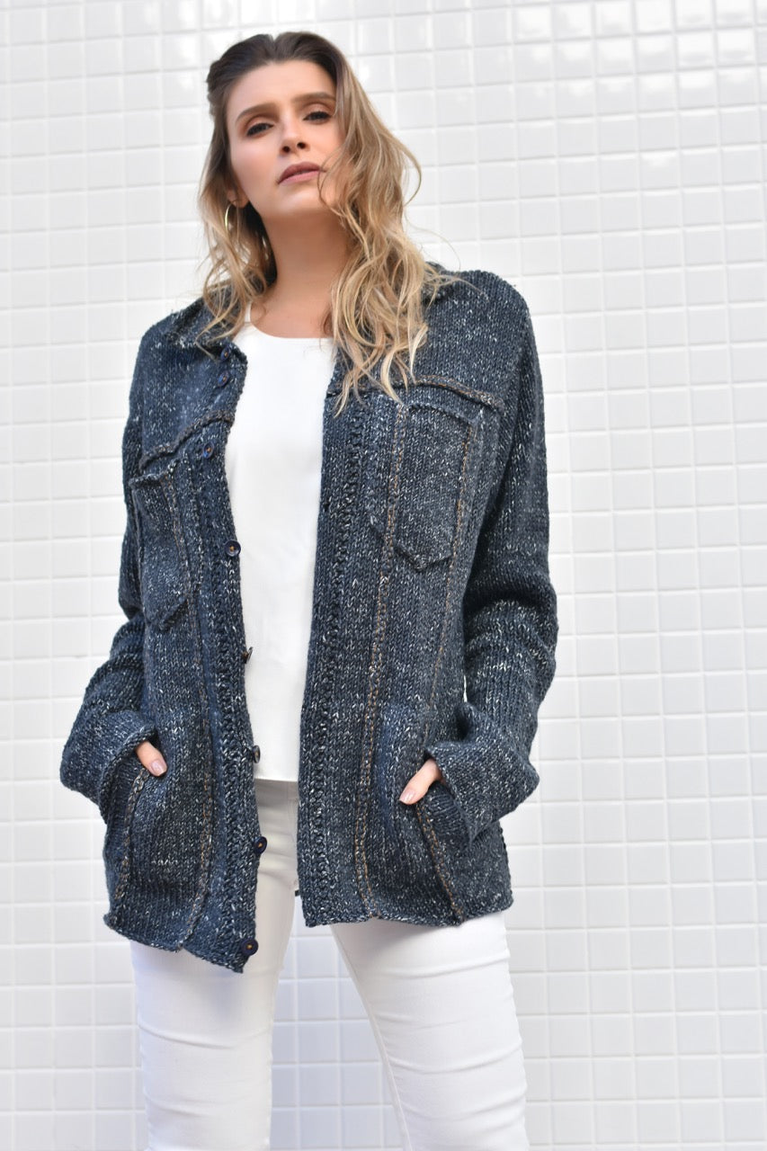 A FREE Circulo Jeans Pattern - Long Jeans Jacket (PDF)Knitting pattern on sale at Little Knits 