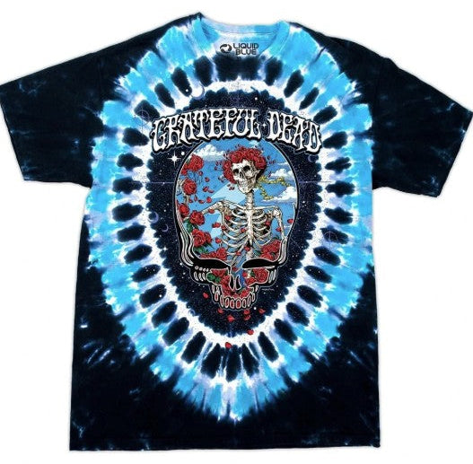 A Grateful Dead tie-dye t-shirt featuring a blue and black spiral tie-dye pattern with a large central graphic of a skeleton skull and the band's name 'Grateful Dead' printed above it.