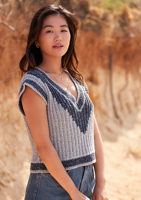 A Rowan Denim Revive Pattern - Tellin Vest (PDF) knitting pattern on sale at Little Knits