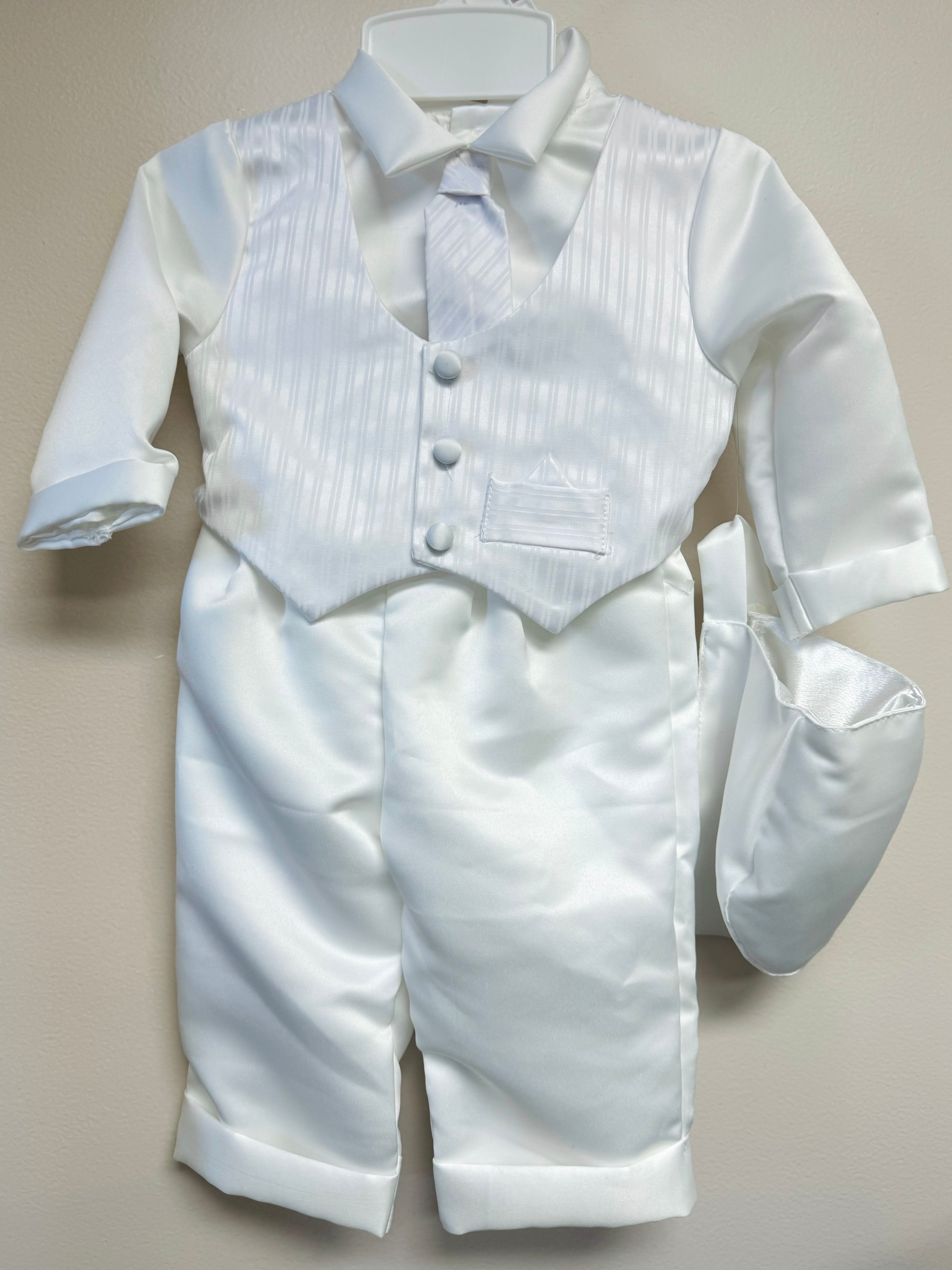 New, Baby Boy Pants, Striped Vest w/ Tie & Hat Christening Outfit - Small Marks Back of Left Sleeve