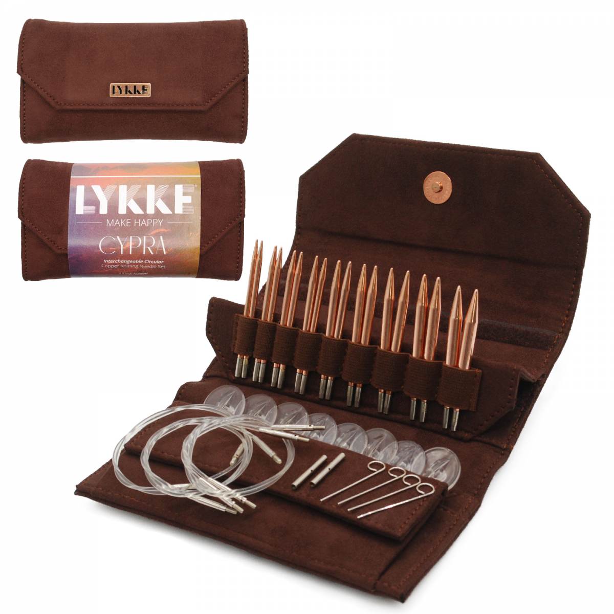 LYKKE CYPRA 3.5 Inch Interchangeable Circular Knitting Needle Set in Brown Vegan Suede Case