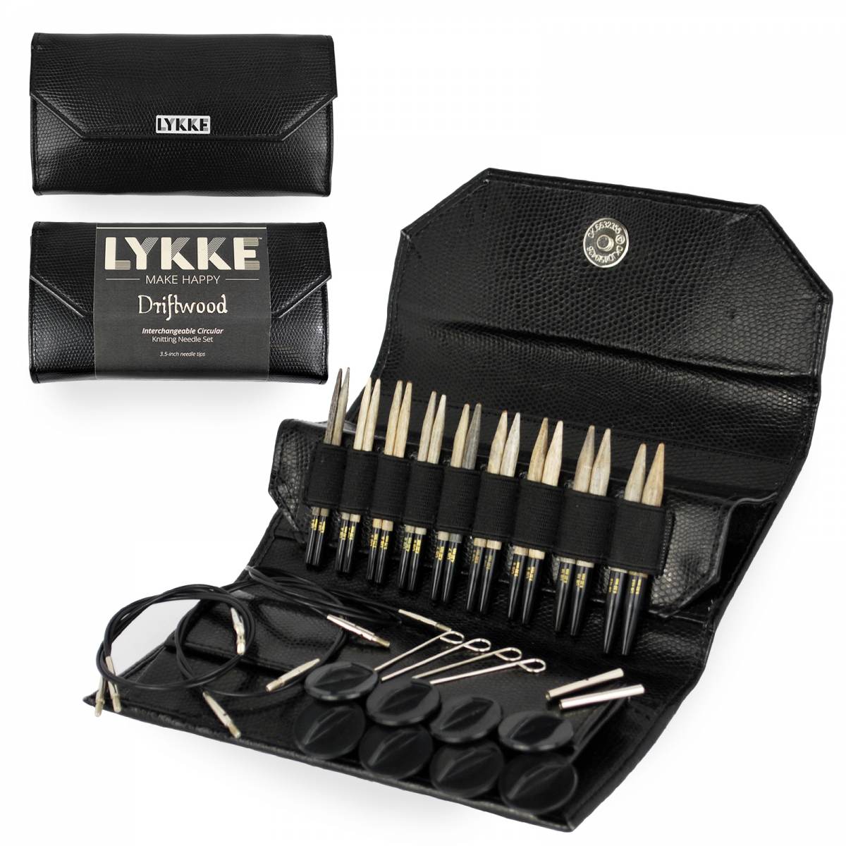 LYKKE Driftwood 3.5 Inch Interchangeable Circular Knitting Needle Set in Black Faux Leather Snap Case