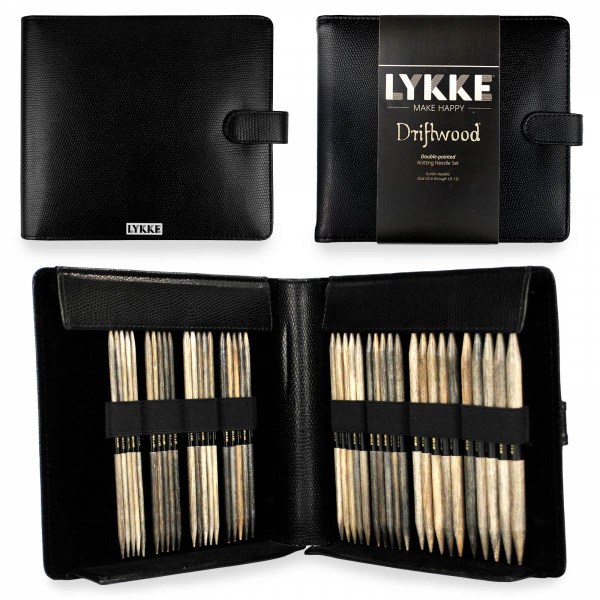 LYKKE Driftwood 6-inch Double Point Needle Large Set - Black Faux Leather Case