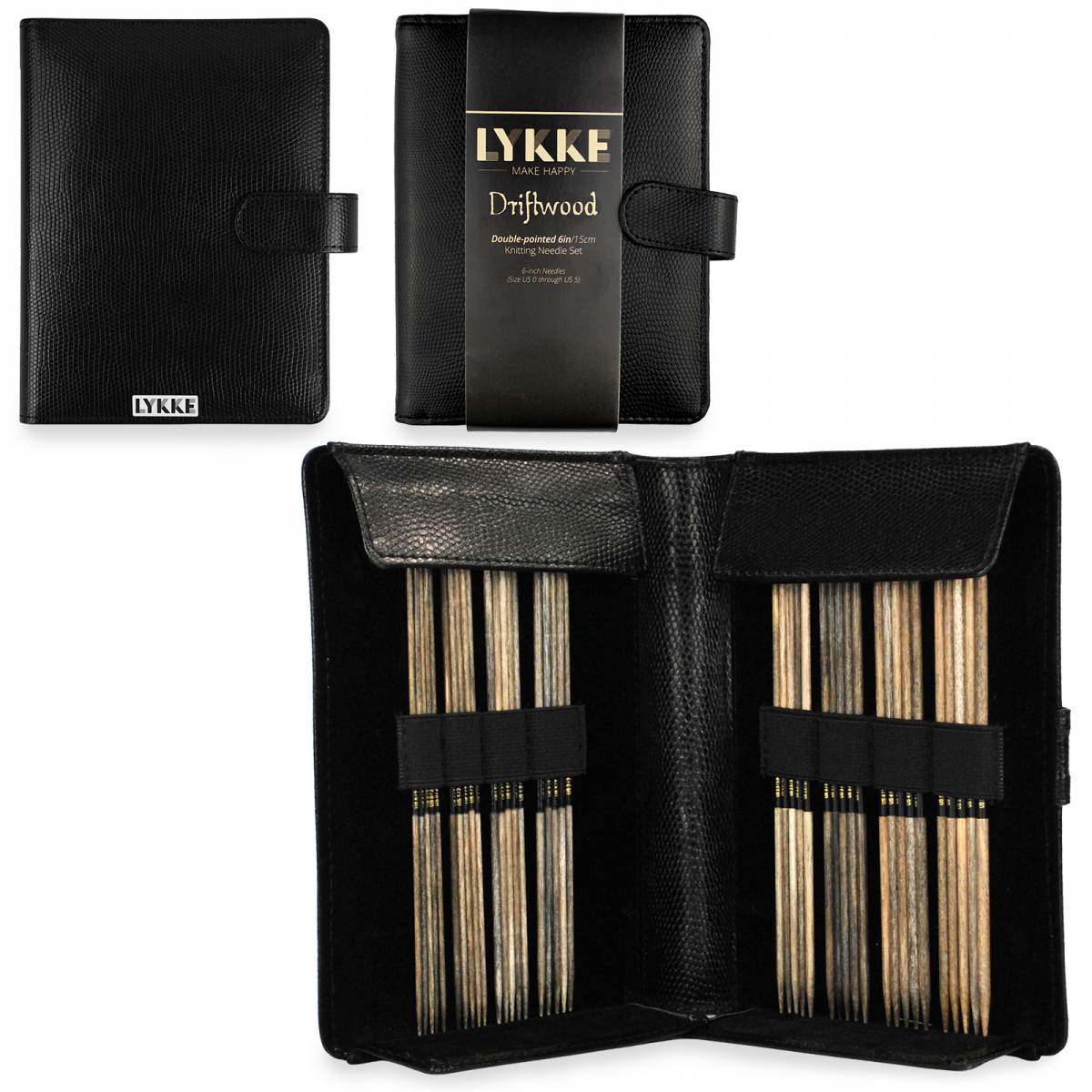 LYKKE Driftwood 6-inch Double Point Needle Small Set - Black Faux Leather Case