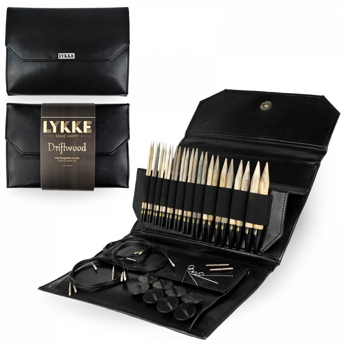 LYKKE Driftwood 5 Inch Interchangeable Circular Knitting Needle Set in Black Faux Leather Case