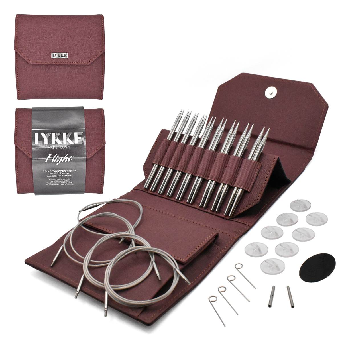 LYKKE Flight Stainless Steel 5" STANDARD Interchangeable Needle Set - Maroon Faux Waxed Canvas