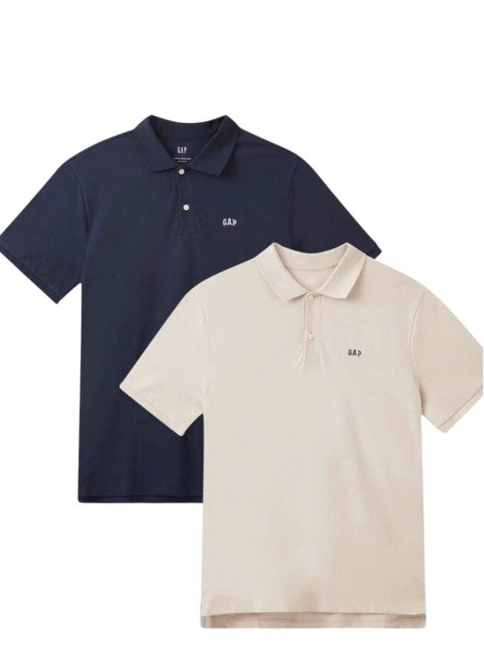 NWT, GAP Men's 2-Pack Cotton Stretch Logo Polo, Off-White & Navy, Medium