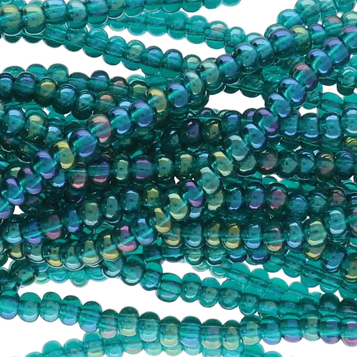 6/0 Czech Seed Beads - Emerald Aurora Borealis (Color #51710) - 6 String Hanks, 68 Grams