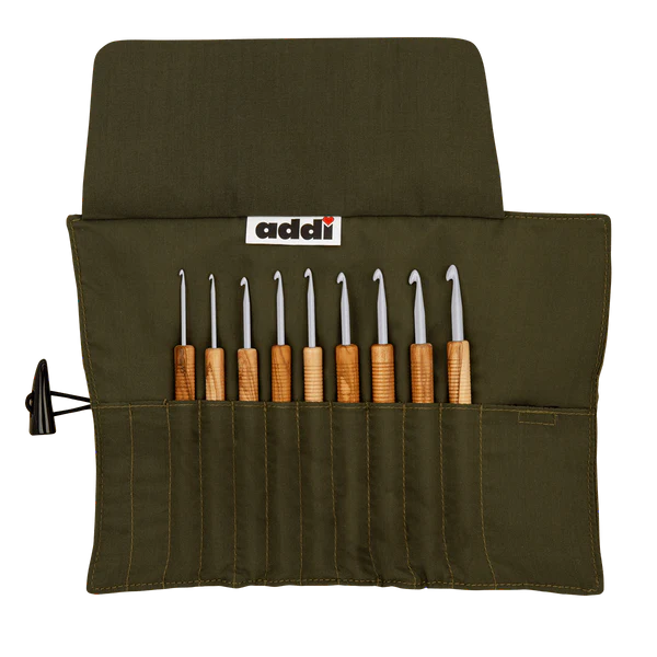 addiWrap Crochet Hook Set - 9 Olive Wood crochet hooks - Sizes US A (2.00mm) to J (6.00mm)