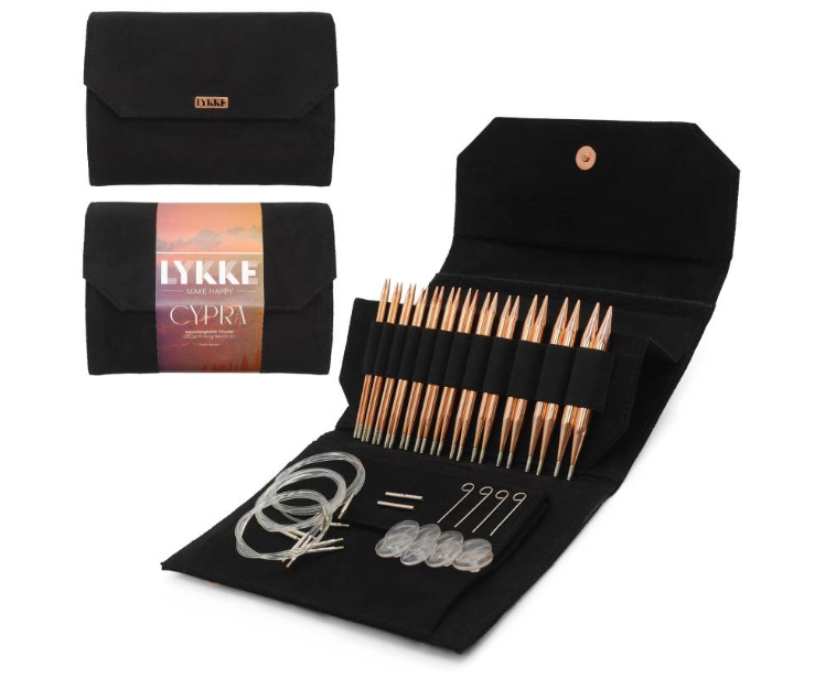 LYKKE CYPRA 5 Inch Interchangeable Circular Knitting Needle Set in Black Vegan Suede Case on sale and ships free at Little Knits