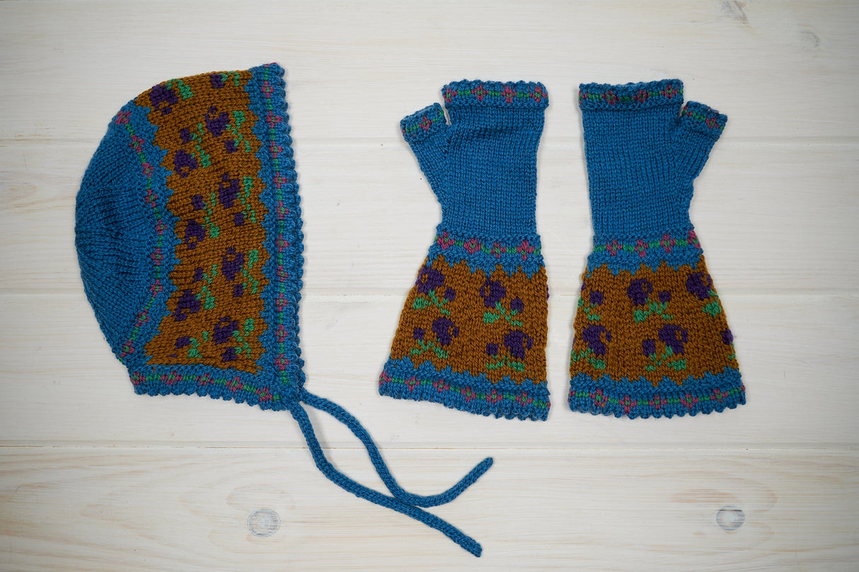 A Juniper Moon Bluefaced Leicester Pattern - Dimity Bonnet and Fingerless Mitts (PDF)