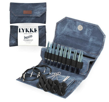 LYKKE Indigo 3.5 Inch Interchangeable Circular Knitting Needle Set in Azure Fabric Smap Case on sale and ships free at Little Knits
