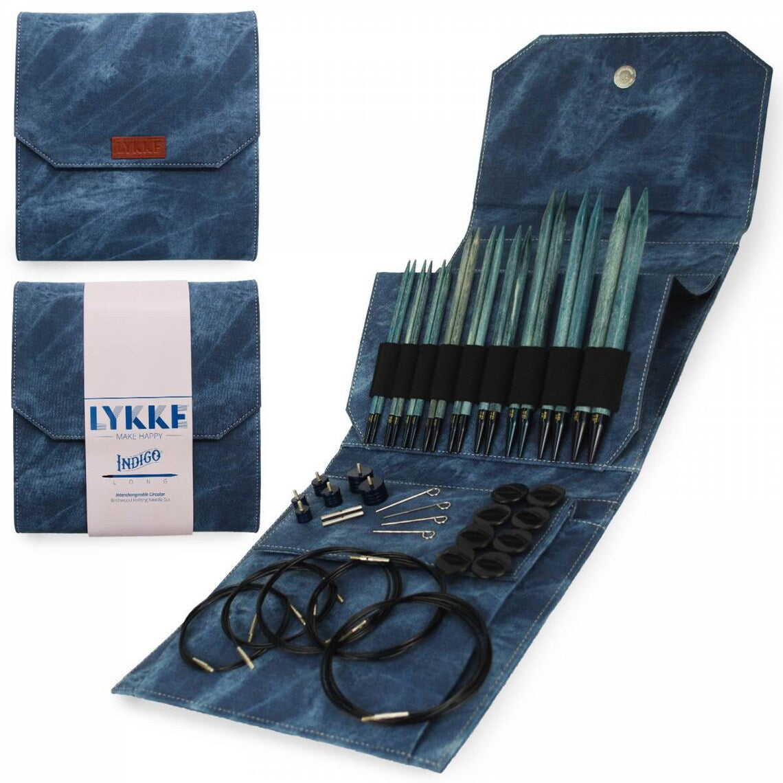 LYKKE Indigo Long Interchangeable Circular Knitting Needle Set in Azure Fabric Case