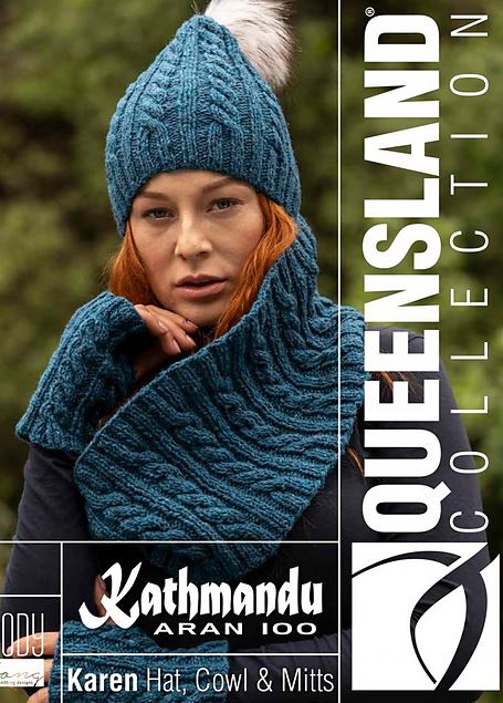 A Queensland Kathmandu Aran 100 Pattern - Karen Hat, Cowl and Mitts (PDF)