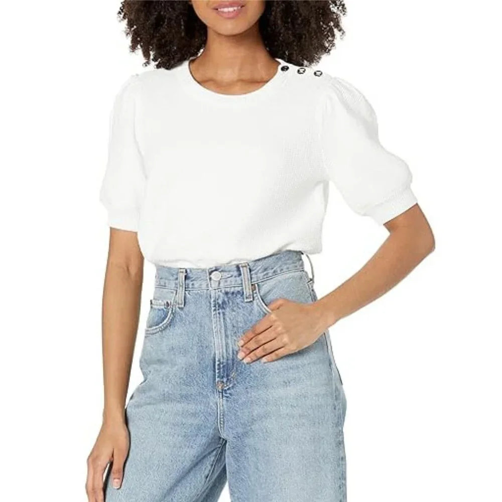 NWT KARL LAGERFELD Women's Short Sleeve Ribbed Sweater White Size S