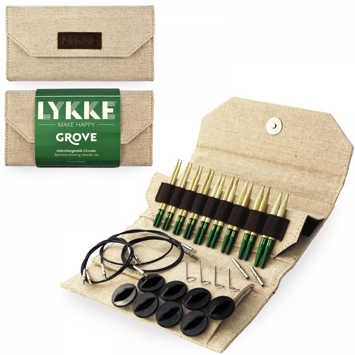 LYKKE Grove 3.5 Inch Interchangeable Circular Knitting Needle Set Beige Jute Canvas Case