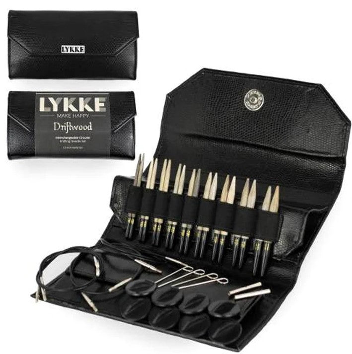 LYKKE Driftwood 3.5 Inch Interchangeable Circular Knitting Needle Set in Black Faux Leather Snap Case on sale and ships free at Little Knits