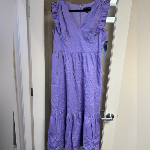 Maggy London Women's V-Neck Ruffle Details Cotton Poplin Maxi Dress Size 14