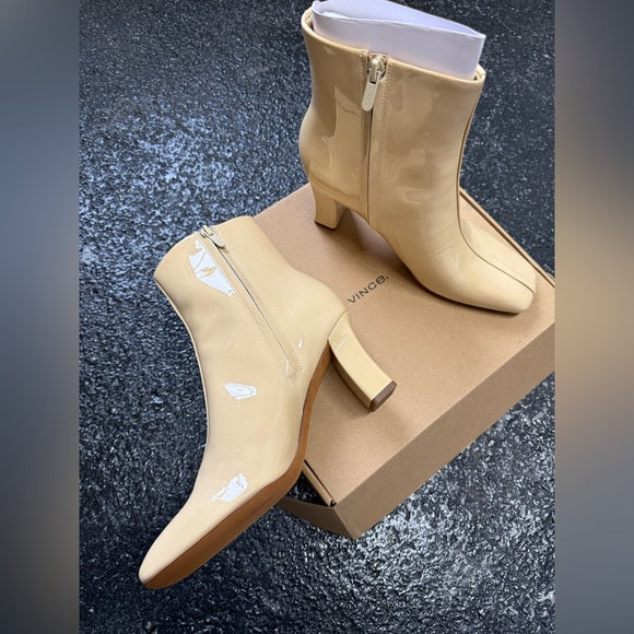 Vince Women's Charli Square Toe Ankle Boot Macadamia Beige Patent Leather, 9M