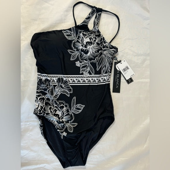 NWT La Blanca Shadow Floral One Shoulder Mio Keyhole Swimsuit Size 6