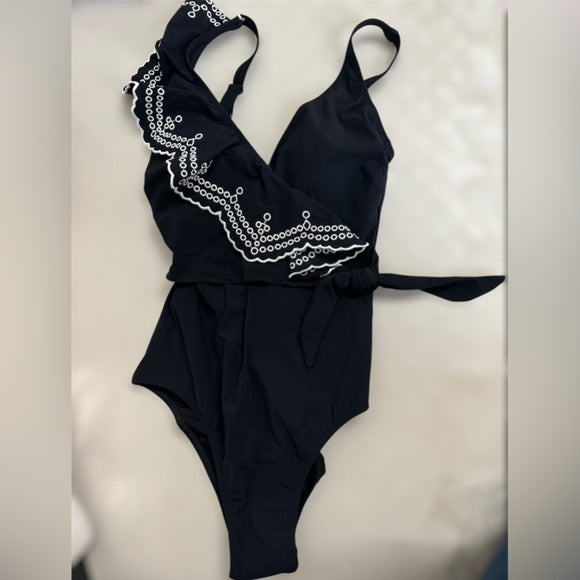 Profile By Gottex Lola V-Neck Surplice Ruffle One Piece Swimsuit Black/white