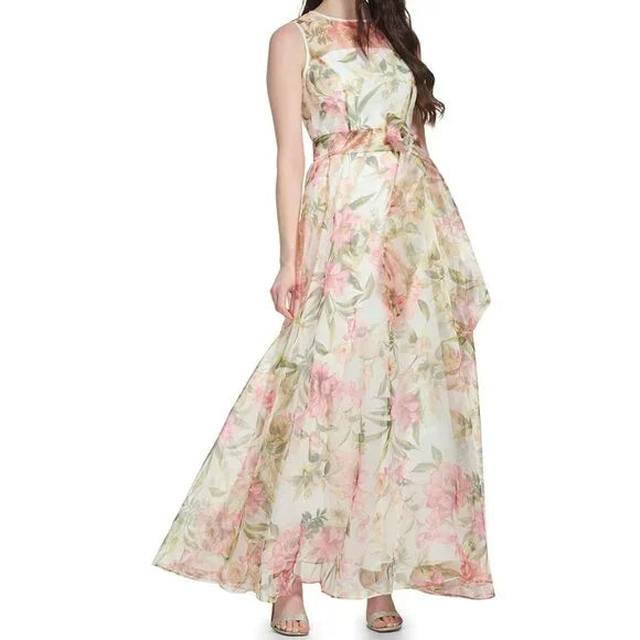 Eliza J Women's Gown Style Floral Organza Sleeveless Jewel Neck Dress, Size 6