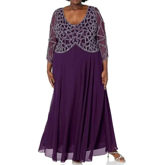 J Kara Women's Plus Size 3/4 Sleeve Geo Beaded Gown, 14W
