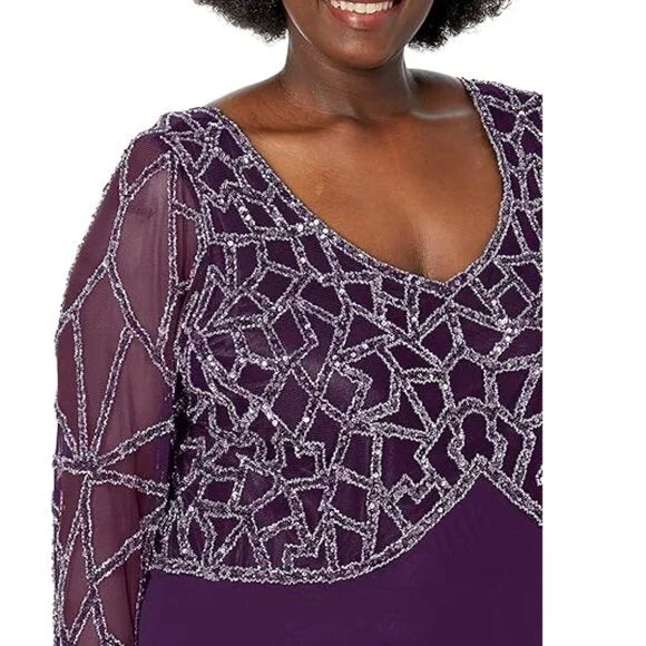 J Kara Women's Plus Size 3/4 Sleeve Geo Beaded Gown, 14W