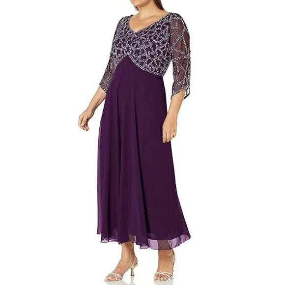 J Kara Women's Plus Size 3/4 Sleeve Geo Beaded Gown, 14W