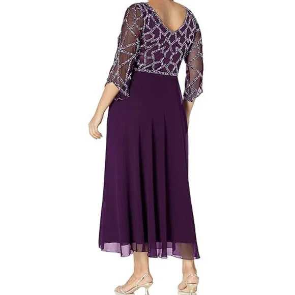 J Kara Women's Plus Size 3/4 Sleeve Geo Beaded Gown, 14W