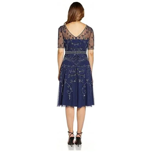 adrianna papell midi beaded dress Green Beaded Midi Dress With Sheer Ruffled Sleeves