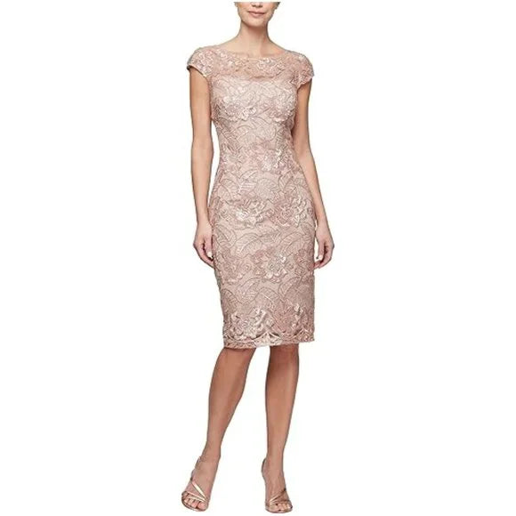 Alex Evenings Women's Short Knee Length Floral Embroidered Cocktail Sheath Dress