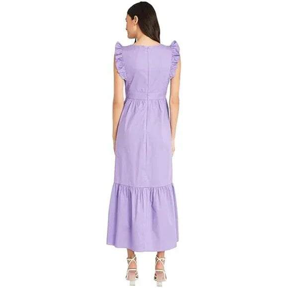 Maggy London Women's V-Neck Ruffle Details Cotton Poplin Maxi Dress Size 14