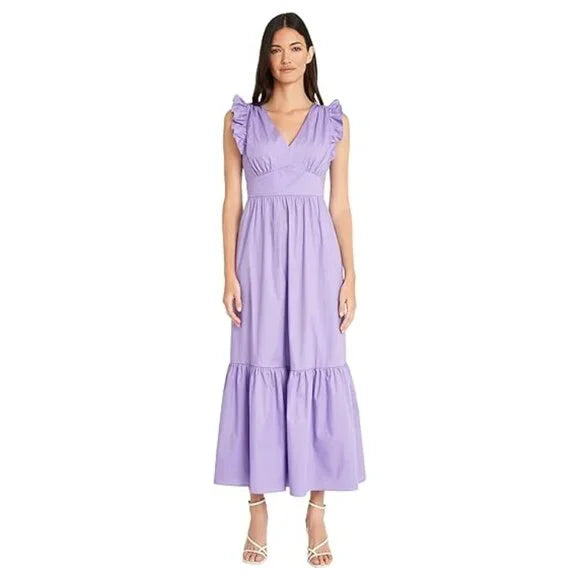 Maggy London Women's V-Neck Ruffle Details Cotton Poplin Maxi Dress Size 14