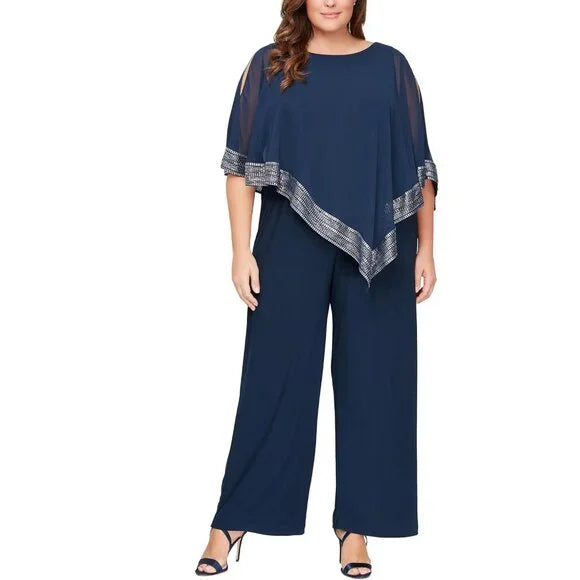 S.L. Fashions Women's Navy Sleeveless Jumpsuit with Attached Cape, Size 16W