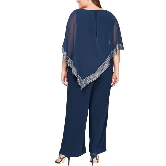 S.L. Fashions Women's Navy Sleeveless Jumpsuit with Attached Cape, Size 16W