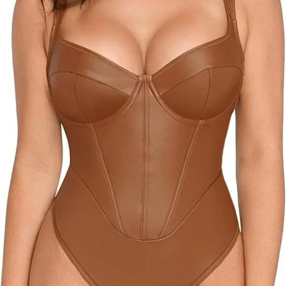 Popilush Faux Leather Corset Bodysuit V Neck Thong Shapewear Size L