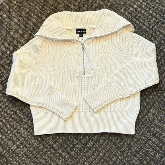 NWT Kenneth Cole Cropped Ribbed Zip Up Sweater w/ High Collar Size M