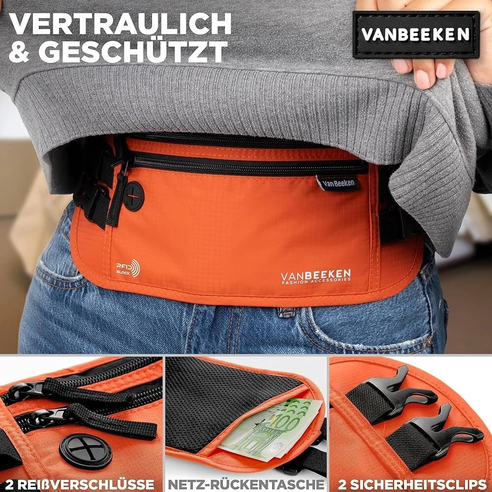 Van Beeken RFID Passport Holder Hidden Travel Wallet/Fanny Pack Men & Women Red/Orange - SHIPS FREE WITHIN THE U.S. (Please Read Details)
