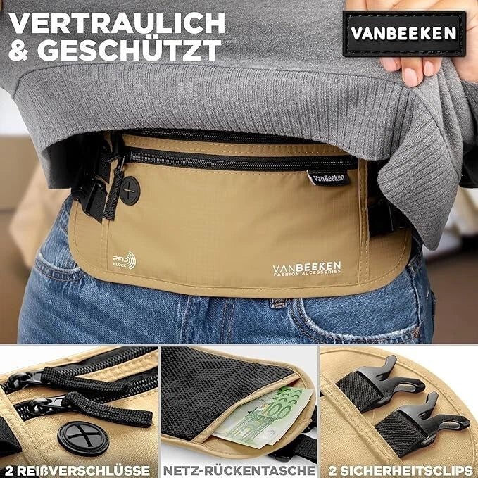 Van Beeken RFID Passport Holder Hidden Travel Wallet/Fanny Pack Men & Women Beige - SHIPS FREE WITHIN THE U.S. (Please Read Details)